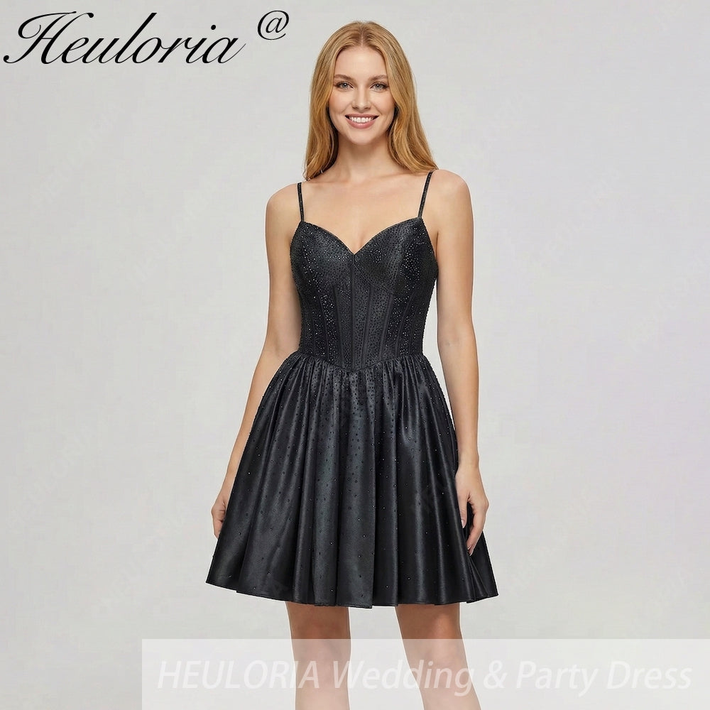HEULORIA Sparkly Rhinestone Corset Satin Homecoming Dress - Sweetheart Neckline Spaghetti Strap Short Prom Gown ED-310