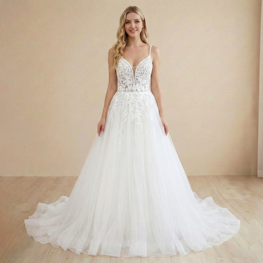 Heuloria Ethereal Shimmer: Deep V-Neck Spaghetti Strap Floral Lace A-Line Wedding Dress AL-1048