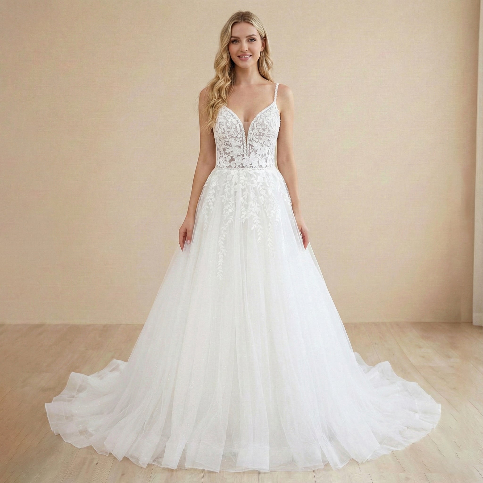 Heuloria Ethereal Shimmer: Deep V-Neck Spaghetti Strap Floral Lace A-Line Wedding Dress AL-1048