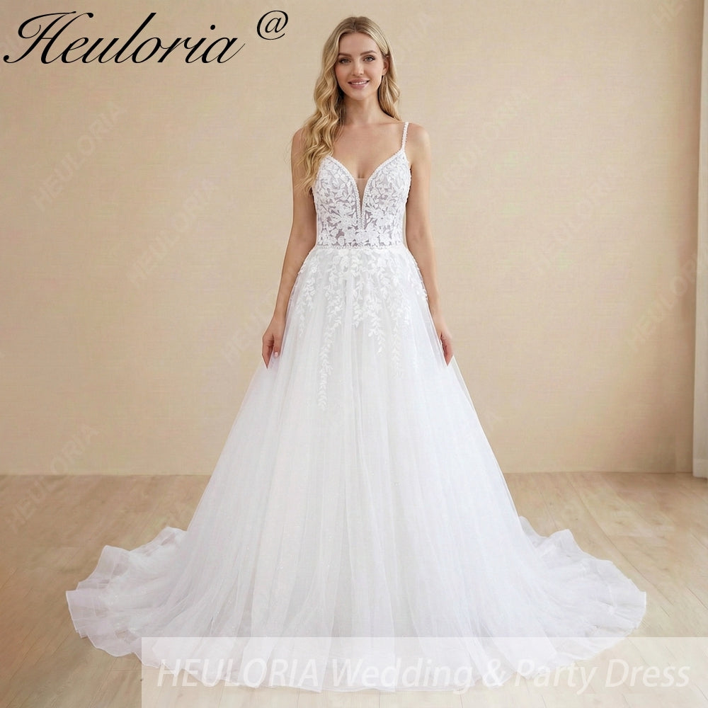 Heuloria Ethereal Shimmer: Deep V-Neck Spaghetti Strap Floral Lace A-Line Wedding Dress AL-1048