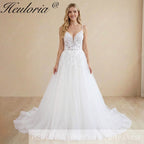 Heuloria Ethereal Shimmer: Deep V-Neck Spaghetti Strap Floral Lace A-Line Wedding Dress AL-1048