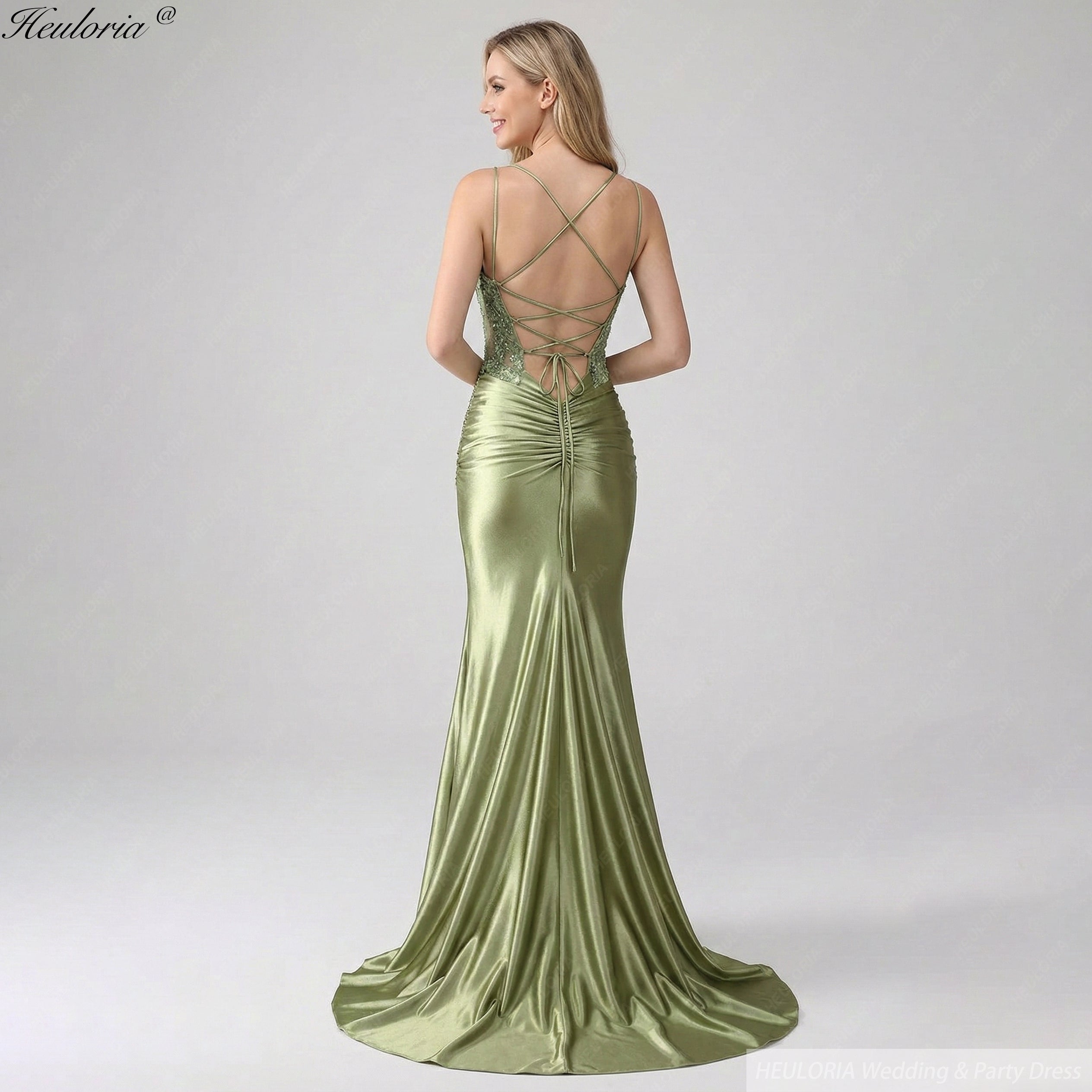 Sage Green Beaded Corset Prom Dress | Satin High Slit Gown Dusty Sage-Lace Up Back / 6 Sage Green Beaded Corset Prom Dress | Satin High Slit Gown Dusty Sage-Lace Up Back / 6