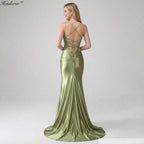 HEULORIA Sage Green Beaded Corset Satin Prom Dress with High Slit and Lace-Up Back ED-217