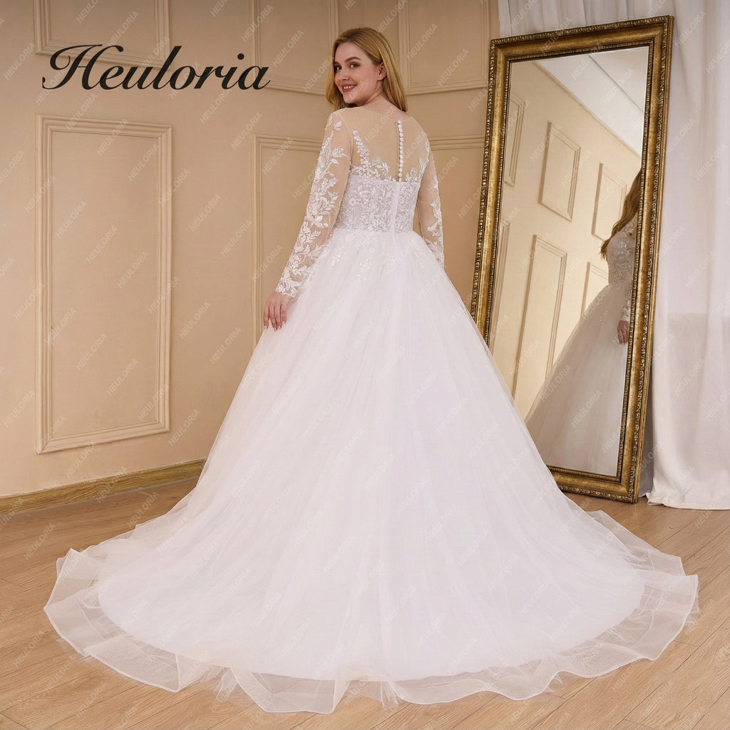 HEULORIA Illusion Deep V-Neck Lace Wedding Dress - Elegant Long Sleeve Ball Gown with Button Back AL-824