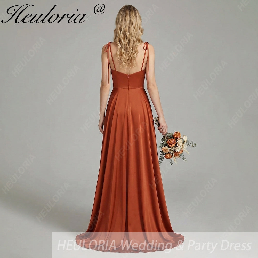 HEULORIA Rust Satin Cowl Sweetheart Maxi Dress with Tie-Shoulder Straps and Side Slit ED-249 Image secondaire du produit