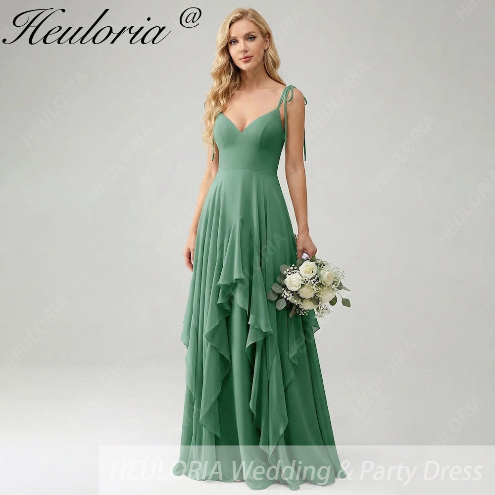 HEULORIA Elegant Cascading Ruffle Chiffon Bridesmaid Dress - Tie-Shoulder V-Neck Maxi Gown ED-252
