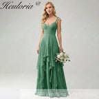 HEULORIA Elegant Cascading Ruffle Chiffon Bridesmaid Dress - Tie-Shoulder V-Neck Maxi Gown ED-252