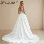 HEULORIA Exquisite Deep V-Neck Lace Applique Satin A-Line Wedding Dress with Cathedral Train AL-1030