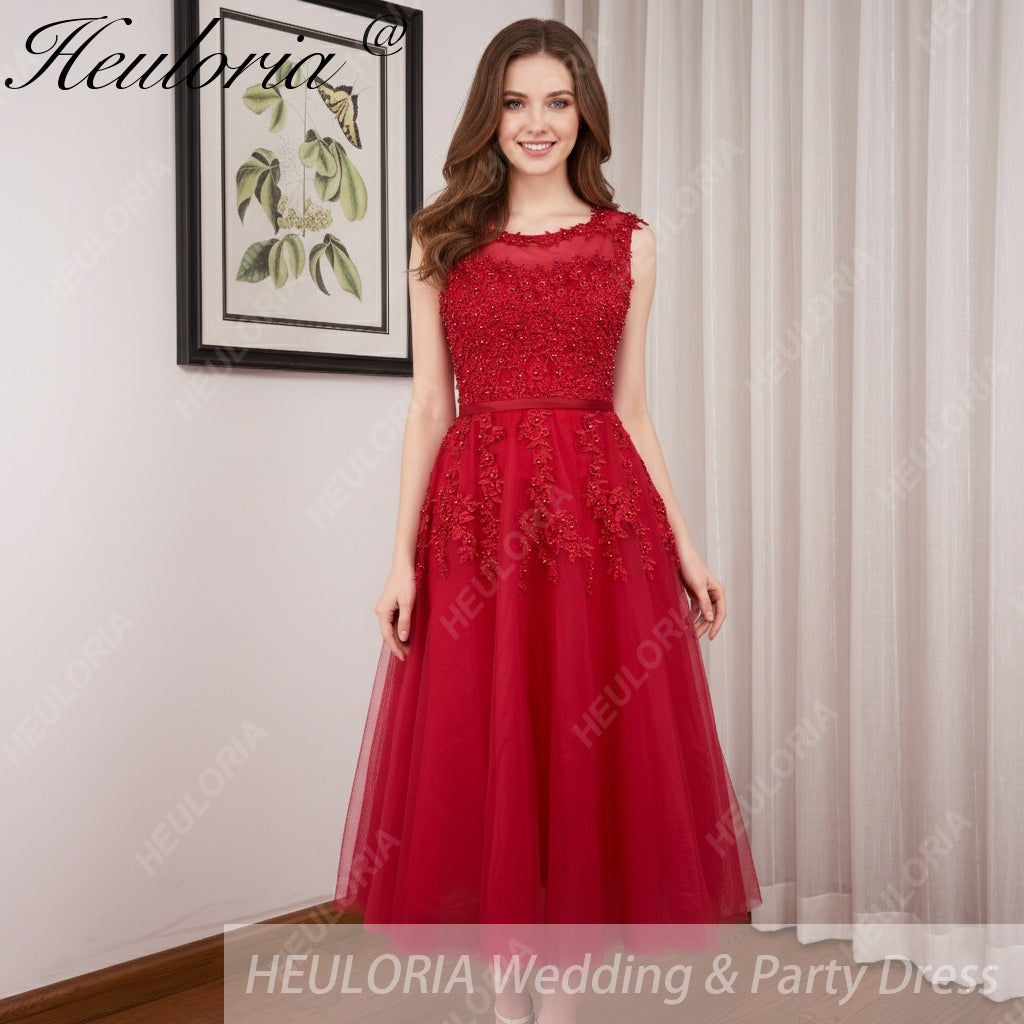 HEULORIA short Bridemaid dress round neck lace beads tulle party dress formal dress ED-75