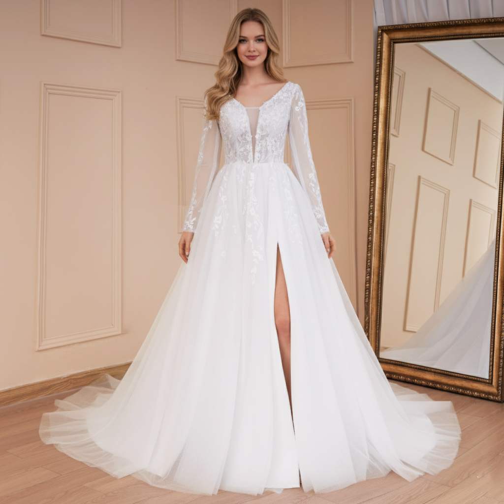 HEULORIA elegant A line long sleeve Court Train Tulle Lace Wedding Dress With Sequins AL-534A