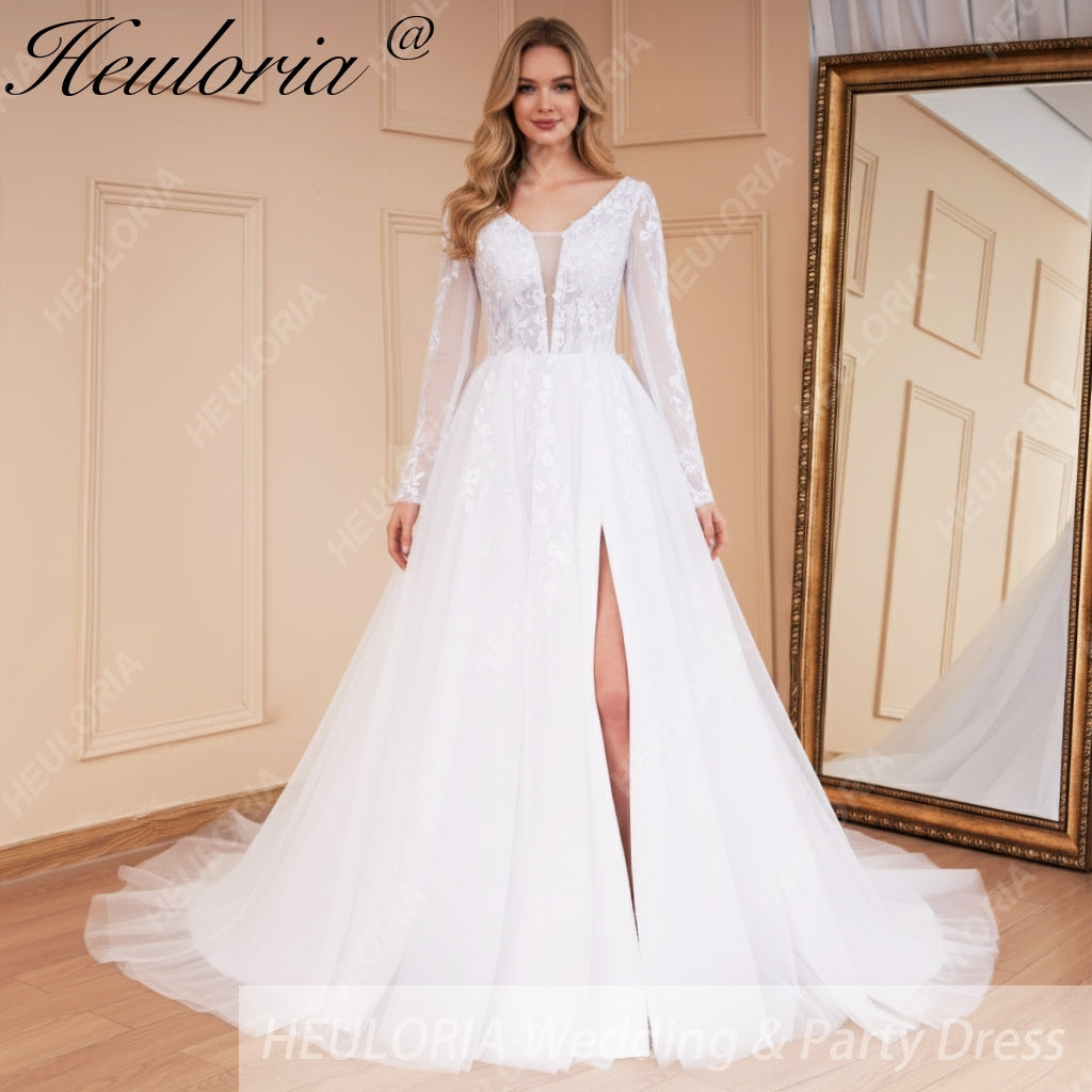 HEULORIA elegant A line long sleeve Court Train Tulle Lace Wedding Dress With Sequins AL-534A