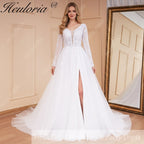 HEULORIA elegant A line long sleeve Court Train Tulle Lace Wedding Dress With Sequins AL-534A