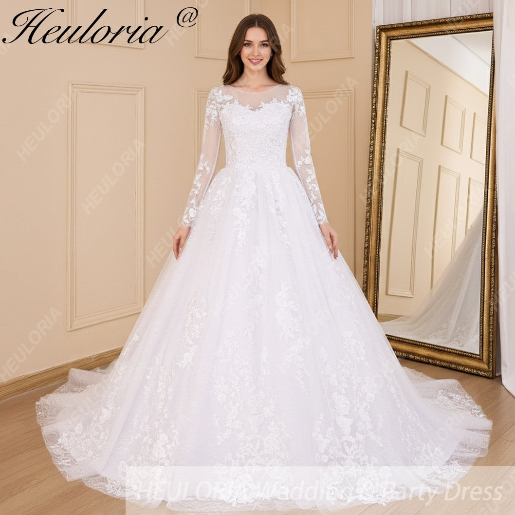 HEULORIA Princess Ball Gown Wedding Dress long sleeve bride dress plus size robe de mariee Lace beading Wedding Gown court train BA-601