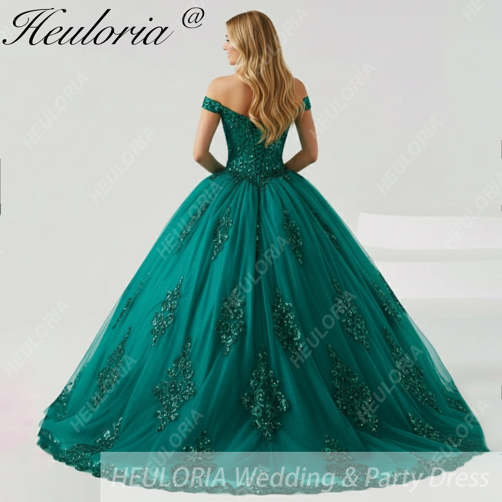 HEULORIA Green Sequin Embroidery Off The Shoulder Quinceanera BA-1258