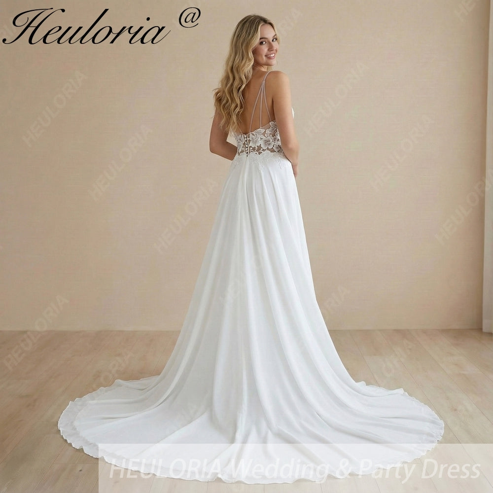 Deep V Floral Lace Chiffon Wedding Dress