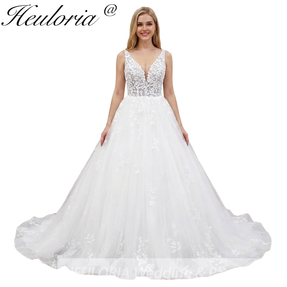 Heuloria Ethereal Deep V-Neck Leaf Lace Ballgown Wedding Dress with Shimmer Tulle & Corset Back BA-1047