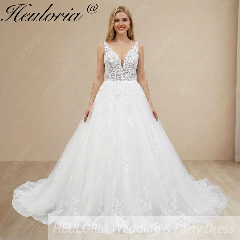 Heuloria Ethereal Deep V-Neck Leaf Lace Ballgown Wedding Dress with Shimmer Tulle & Corset Back BA-1047