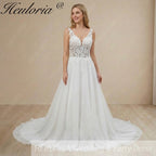 HEULORIA Ethereal A-Line Wedding Dress with Illusion Leaf Lace Bodice and Plunging V-Neck AL-1055