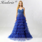 HEULORIA Royal Blue Tiered Tulle Prom Dress - 3D Floral Appliqué Corset Gown with Lace-Up Back ED-223