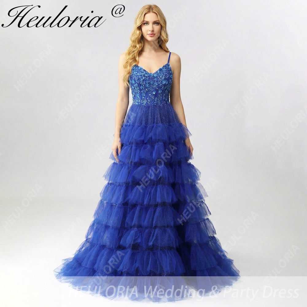 HEULORIA Royal Blue Tiered Tulle Prom Dress - 3D Floral Appliqué Corset Gown with Lace-Up Back ED-223