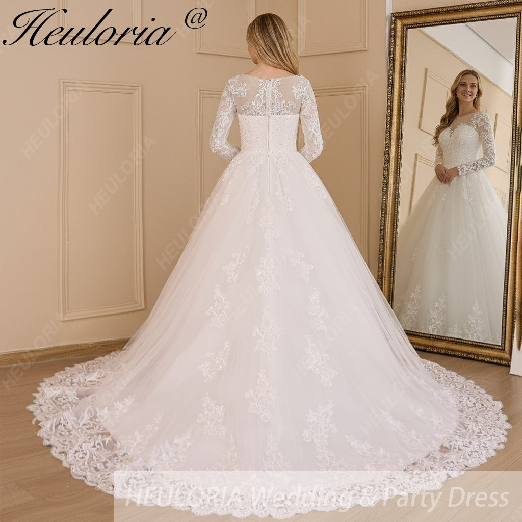 HEULORIA Princess Wedding Dress long sleeve lace beading robe de mariee Wedding Bridal Gown ball gown wedding dress plus size BA-617