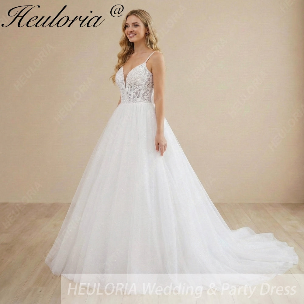 Heuloria Shimmering Starry Tulle Ballgown - Deep V-Neck & Leaf Lace Spaghetti Strap Wedding Dress AL-1095