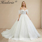 HEULORIA Sparkly Off-the-Shoulder Puff Sleeve Wedding Dress – Shimmering Lace Sweetheart Ball Gown BA-1076