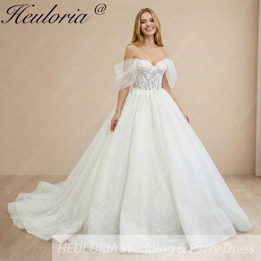 HEULORIA Sparkly Off-the-Shoulder Puff Sleeve Wedding Dress – Shimmering Lace Sweetheart Ball Gown BA-1076