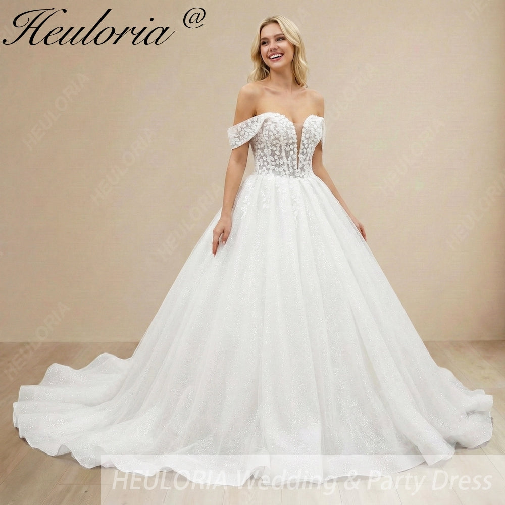 HEULORIA Ethereal Sparkle Tulle Ball Gown with Plunging Leafy Lace & Off-the-Shoulder Sleeves BA-1101