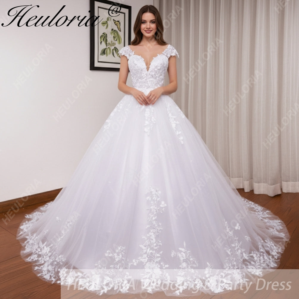 HEULORIA  Elegant lace applique ball gown princess Wedding Dress V neck plus size shinny skirt bridal dress robe de mariee BA-642