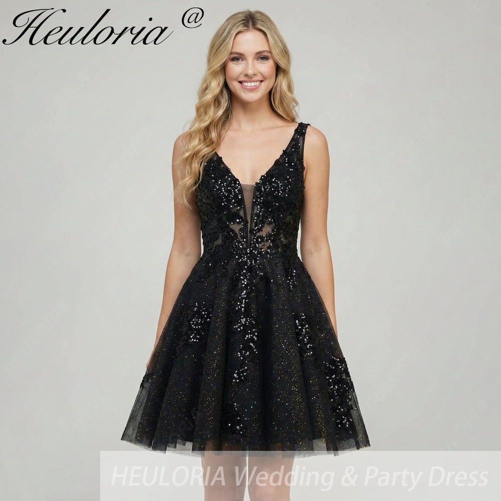 HEULORIA Sparkling V-Neck Sequined Lace Homecoming Dress - Sleeveless A-Line Short Party Gown ED-281
