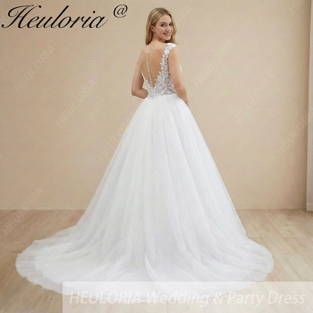 HEULORIA Shimmering Floral Lace Ball Gown Wedding Dress with Illusion V-Neck and Cathedral Train AL-1060