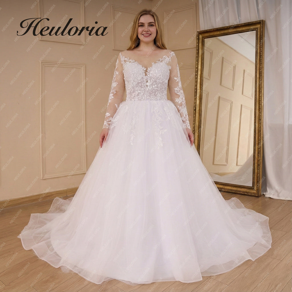 HEULORIA Illusion Deep V-Neck Lace Wedding Dress - Elegant Long Sleeve Ball Gown with Button Back AL-824