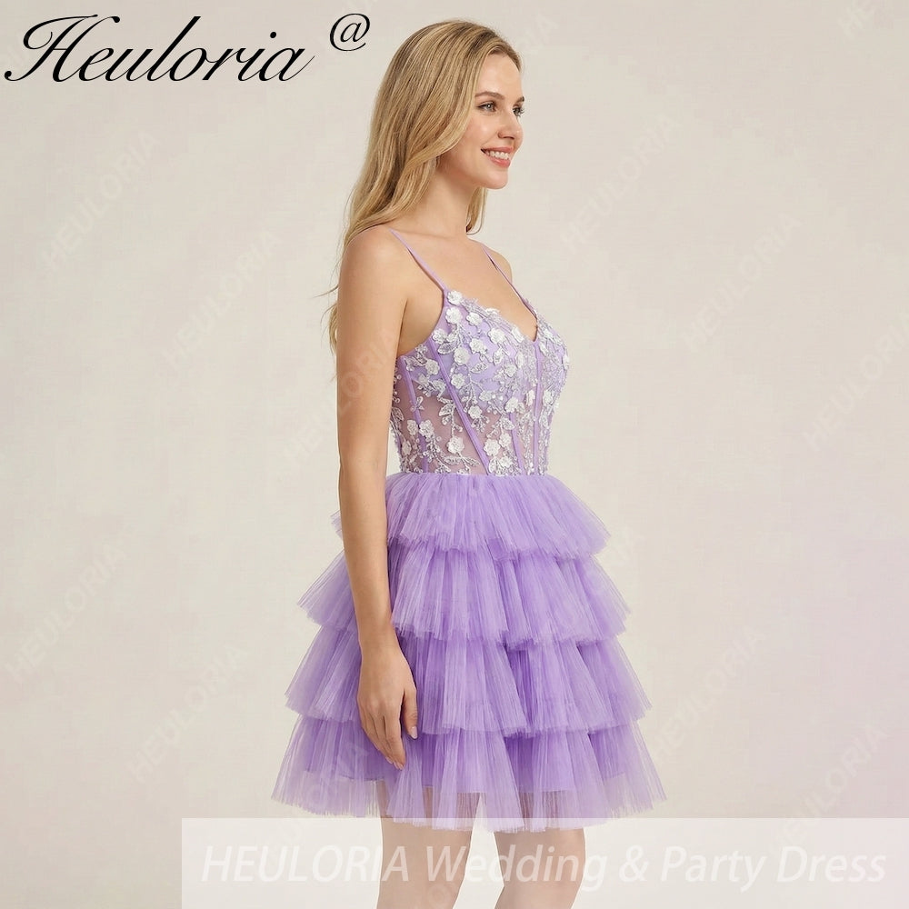 HEULORIA Lavender Tiered Tulle Mini Dress - Sequin Lace Appliqué V-Neck Cocktail Gown ED-294