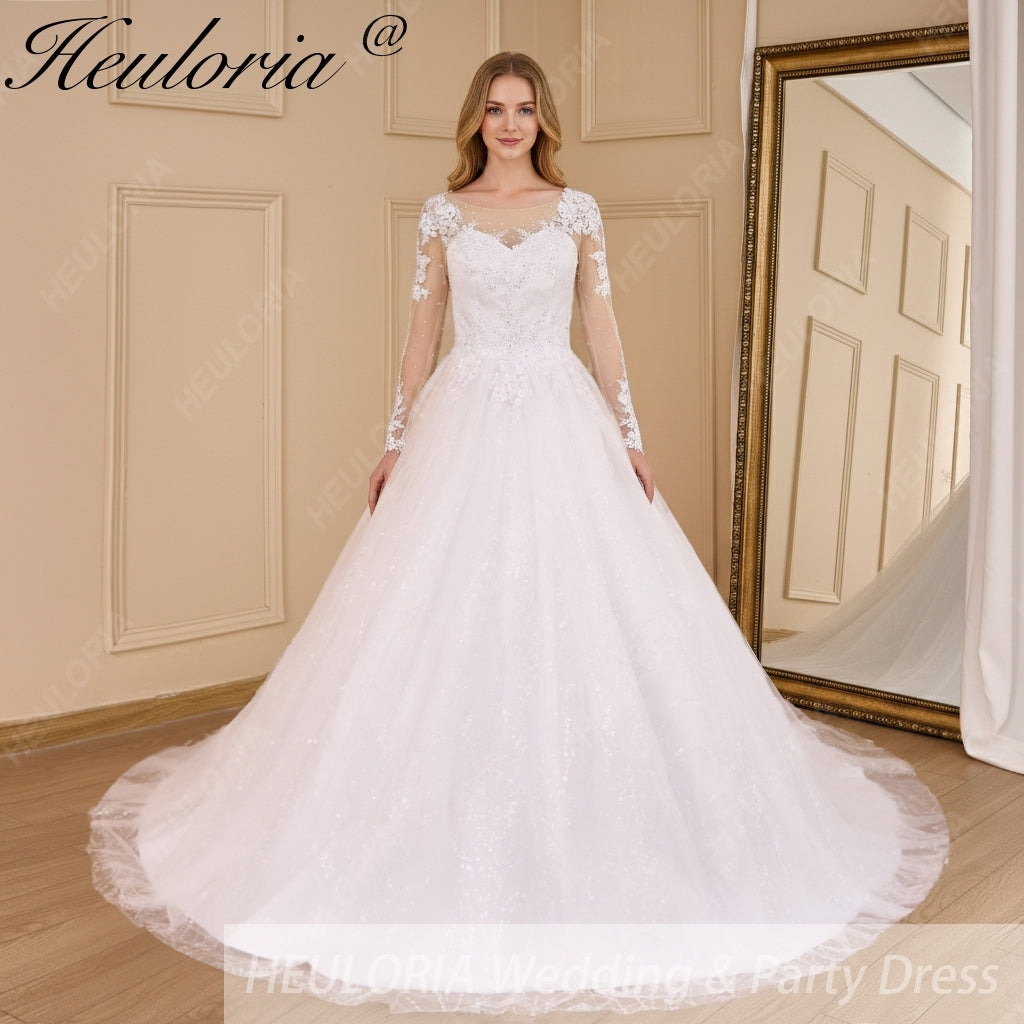 HEULORIA Princess Ball Gown Wedding Dress long sleeve sweetheart plus size robe de mariee Lace beading bride dress court train BA-649