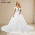 HEULORIA Sparkling Off-The-Shoulder 3D Floral Lace Ball Gown Wedding Dress with Deep V-Neckline BA-1245