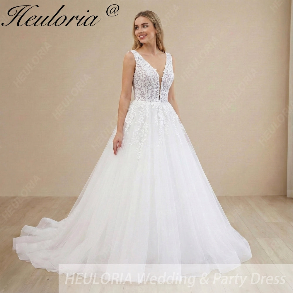 HEULORIA Romantic Deep V-Neck Floral Lace A-Line Wedding Dress with Illusion Sleeveless Bodice AL-1032