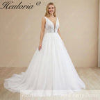 HEULORIA V Neck Sleeveless A line Wedding Dress Boho Lace Appliques Tulle Long Bridal Gowns Backless Vestidos de Novia Customized AL-1107