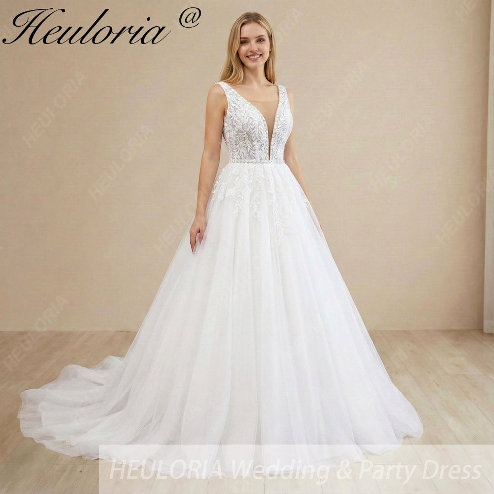 HEULORIA V Neck Sleeveless A line Wedding Dress Boho Lace Appliques Tulle Long Bridal Gowns Backless Vestidos de Novia Customized AL-1107