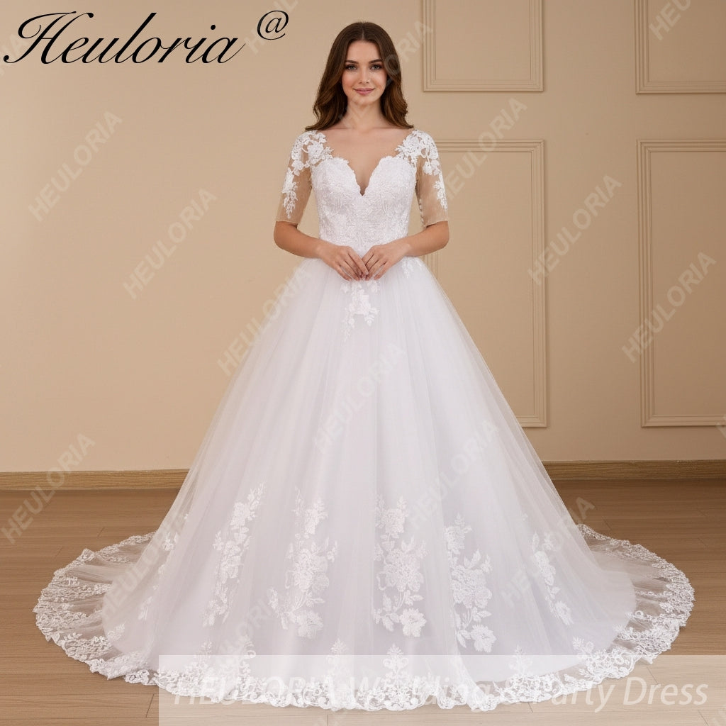 HEULORIA Princess Ball Gown Wedding Dress short sleeve lace applique plus size robe de mariee bride dress BA-650