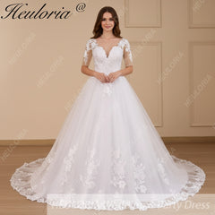 HEULORIA Princess Ball Gown Wedding Dress short sleeve lace applique plus size robe de mariee bride dress BA-650