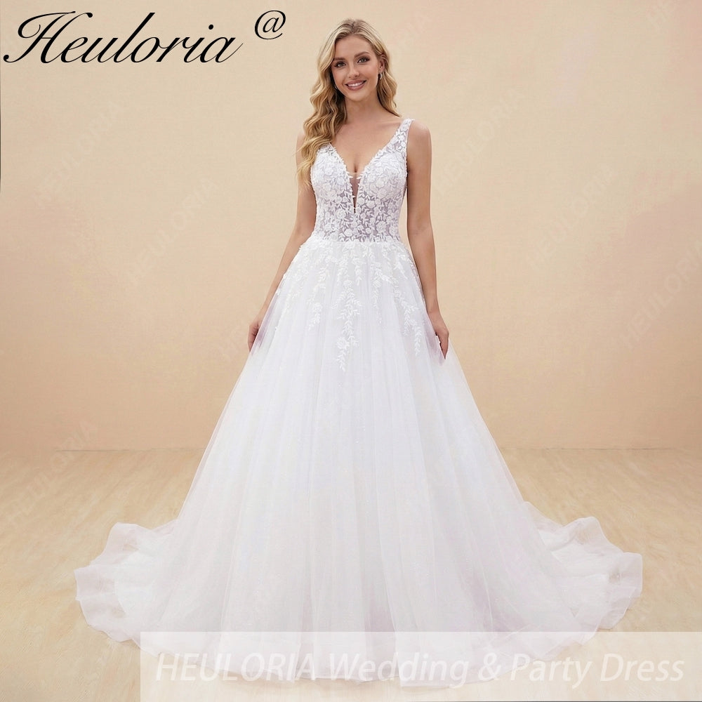HEULORIA V Neck Sleeveless A line Wedding Dress Boho Lace Appliques Tulle Long Bridal Gowns Backless Vestidos de Novia Customized AL-1023