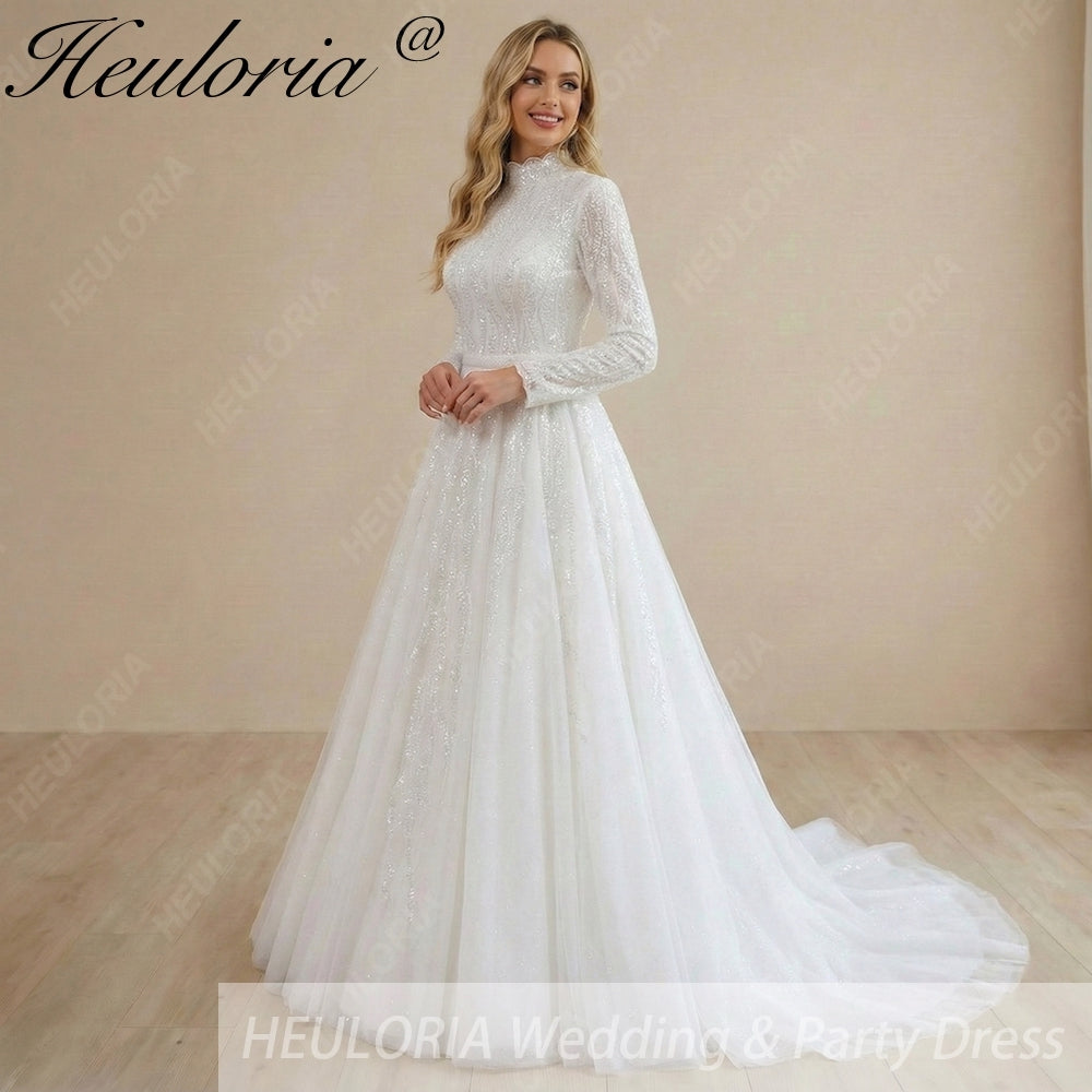 HEULORIA Shimmering Sequin High-Neck Long Sleeve Wedding Dress - Elegant A-Line Bridal Gown with Cathedral Train muslim wedding dress  BA-1203