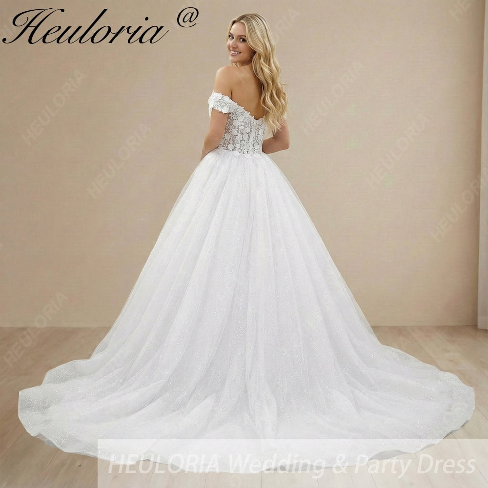 HEULORIA Sparkling Off-The-Shoulder 3D Floral Lace Ball Gown Wedding Dress with Deep V-Neckline BA-1245