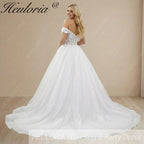 HEULORIA Sparkling Off-The-Shoulder 3D Floral Lace Ball Gown Wedding Dress with Deep V-Neckline BA-1245