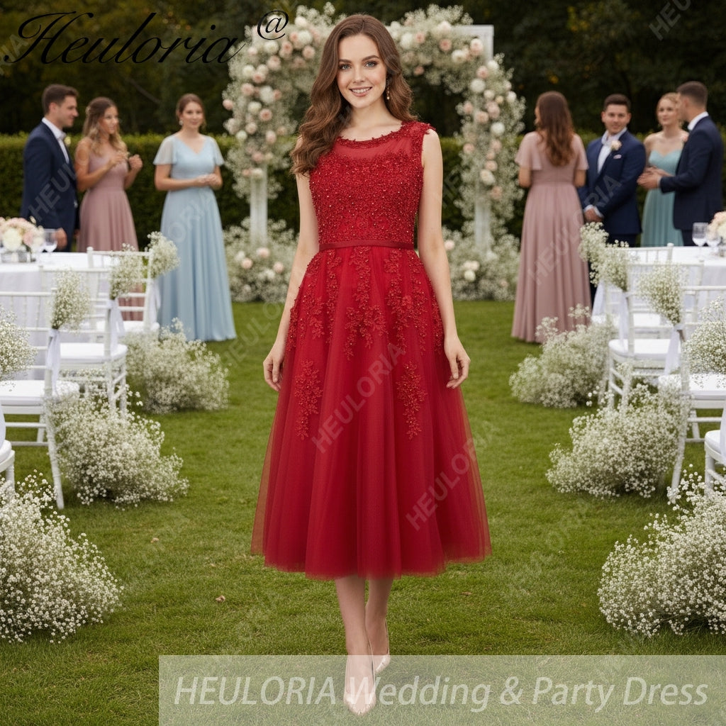 HEULORIA short Bridemaid dress round neck lace beads tulle party dress formal dress ED-75