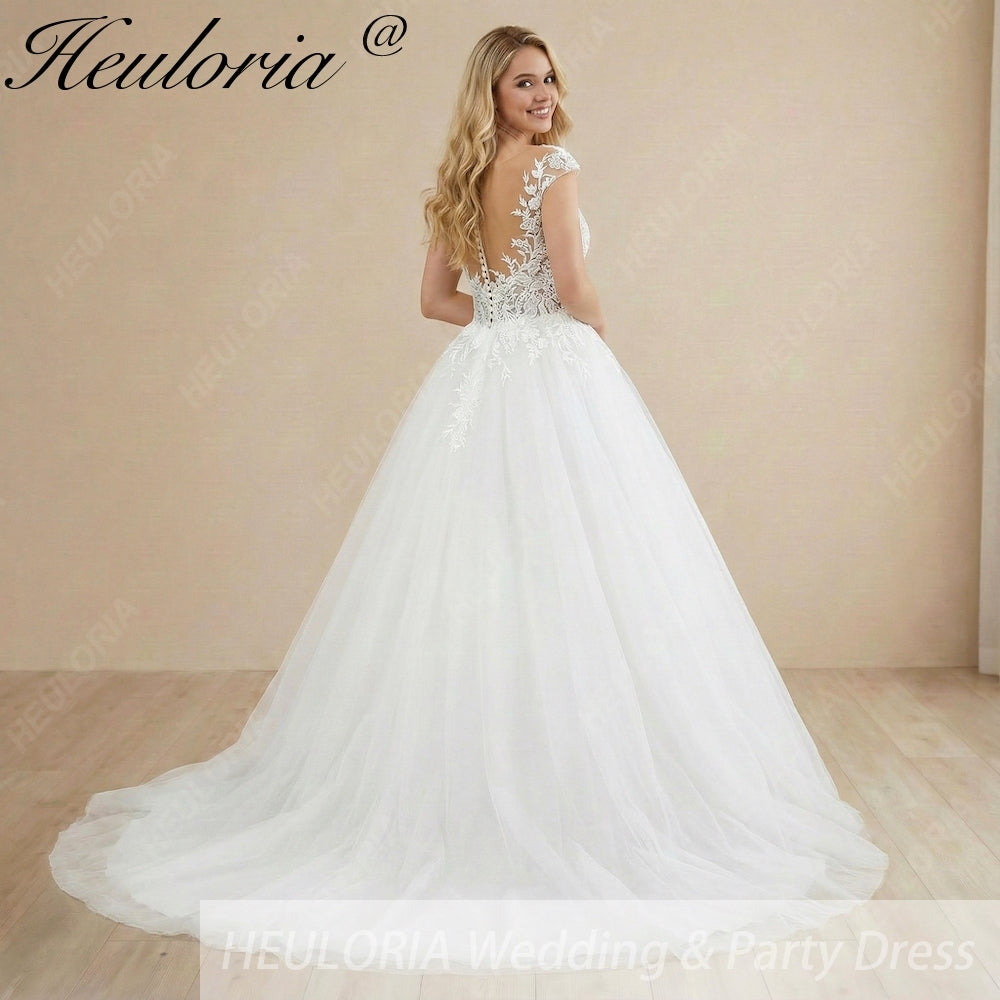 HEULORIA A line Wedding Dress V Neck Sleeveless Boho Lace Appliques Tulle Long Bridal Gowns  Customized AL-1074