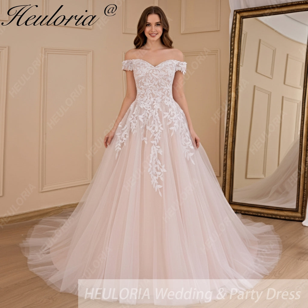 HEULORIA A-line Off the Shoulder Court Train Tulle Lace Wedding Dress AL-677