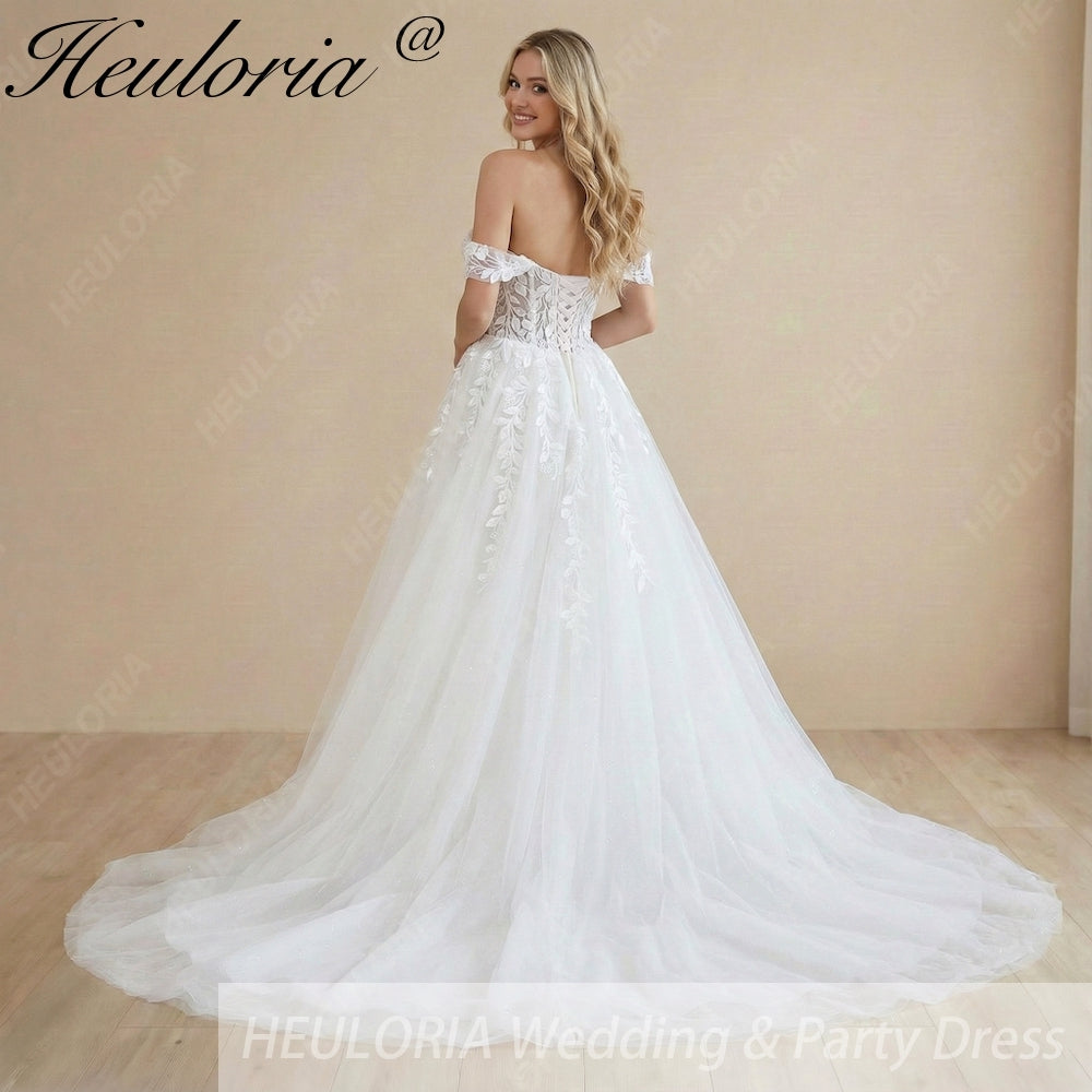 Heuloria Off-the-Shoulder Floral Lace Glitter Tulle A-Line Wedding Dress with Corset Bodice AL-1068