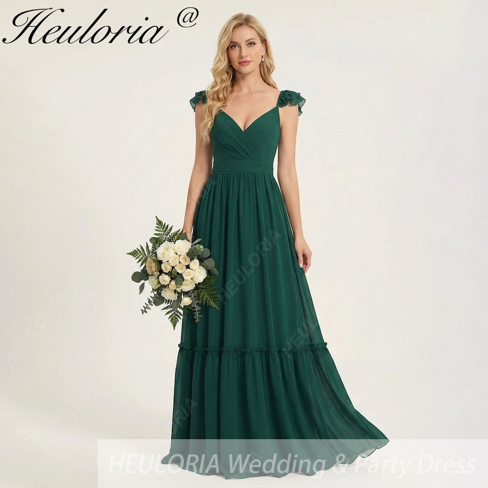 HEULORIA Dark Green A Line Off The Shoulder Chiffon Ruched Long Bridesmaid Dress ED-245